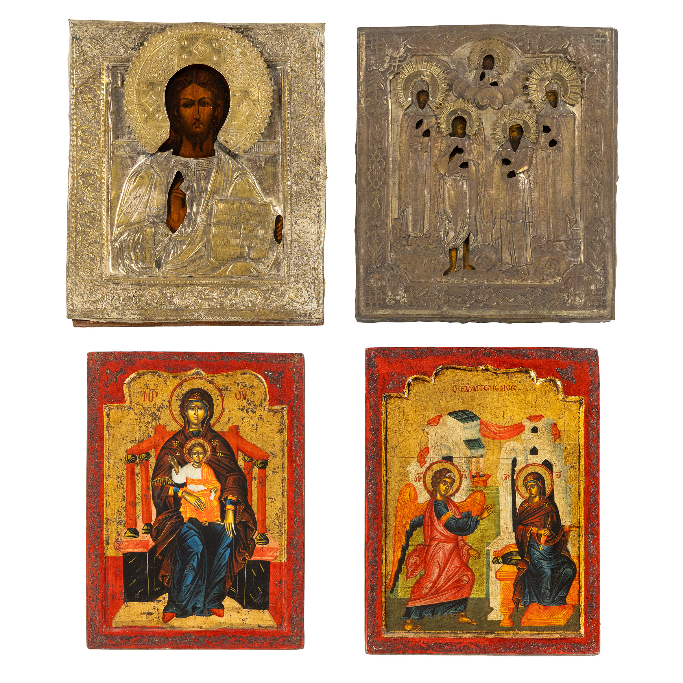 Twee antieke Russische iconen met messing riza en twee decoratieve iconen. (L:24 x H:31.5 cm)
